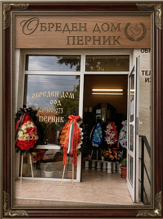 Входът на Обреден Дом Перник с траурни венци